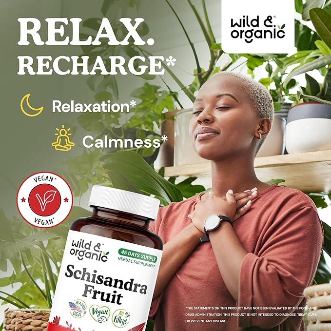 Wild &amp Organic Schisandra Capsules 1000 mg - Mood &amp Relaxation Support - Schisandra Berry Extract Supplement - Vegan No Fillers Non-GMO - 90 Count