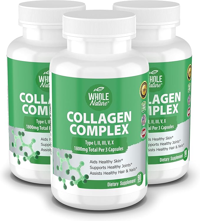Multi Collagen Protein Peptides Supplement Capsules - 1800mg Collagen Complex Types I II III V X - Joint Support Healthy Hair Skin Nails Beauty Vitamins 100% Natural Non-GMO 270ct (3)