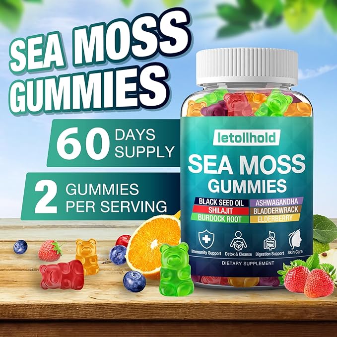 Sea Moss Gummies - Irish Sea Moss Gummies Advanced for Adults with Ashwagandha Bladderwrack &amp Burdock Root for Supports ImmuneEnergy - 60 Vegan Gummy2PCS