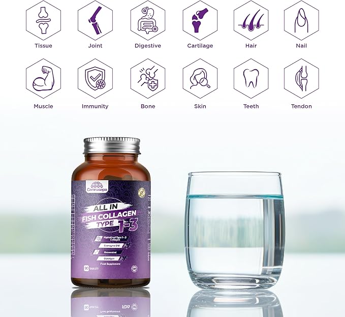 All in Fish Collagen Type 1-3 – Marine Collagen Tablets with Hyaluronic Acid Resveratrol Glutathione Selenium Zinc &amp Vitamins – Hair Skin Joint &amp Nail Support – 90 Tablets