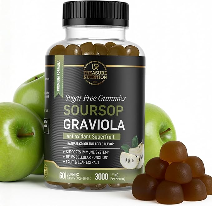 Soursop Leaves &amp Soursop Fruit Gummies - Sugar Free Soursop Graviola Gimmies - 3000mg Max Strenght Soursop Extract - Graviola Supplement - Soursop Fruit and Leaf - 60ct - Non-GMO – Vegan Friendly