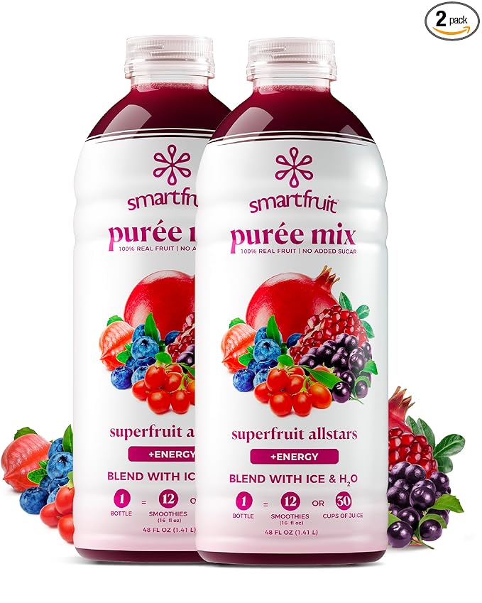 Smartfruit Superfruit All-Stars + Energy – 100% Real Fruit Purée with Blueberry Pomegranate Acai &amp Goji Berries – Great for Smoothies Juice Yogurt Cocktails Teas &amp More – 2-Pk 48oz Each