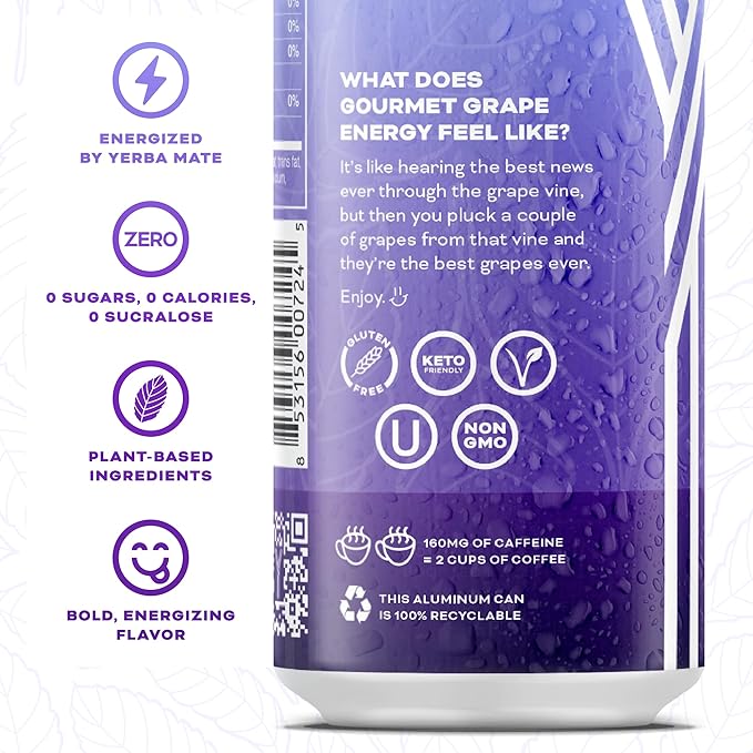 Yerbae Energy Beverage - Gourmet Grape 0 Sugar 0 Calories 0 Carbs Energized by Yerba Mate Plant-Based Healthy Alternative to Sugary Energy Drinks 16oz cans (12 Pack)
