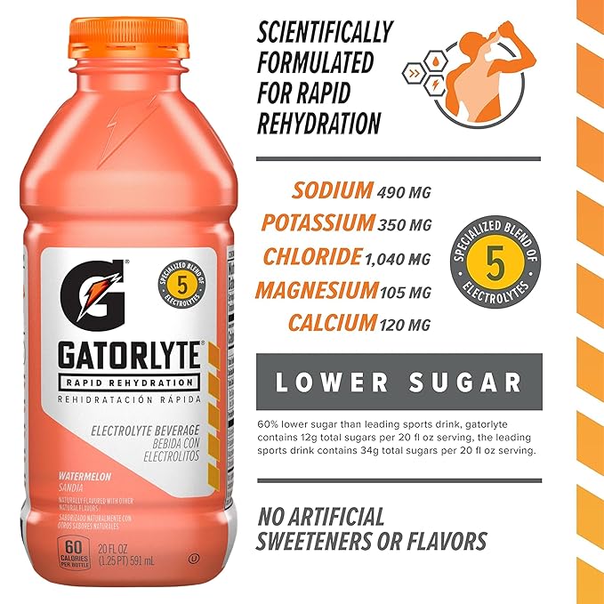 Gatorlyte Rapid Rehydration Electrolyte Drink Watermelon Specialized Blend of 5 Electrolytes Lower Sugar No Artificial Sweeteners No Artificial Flavors 20 fl oz Bottles (12 Pack)