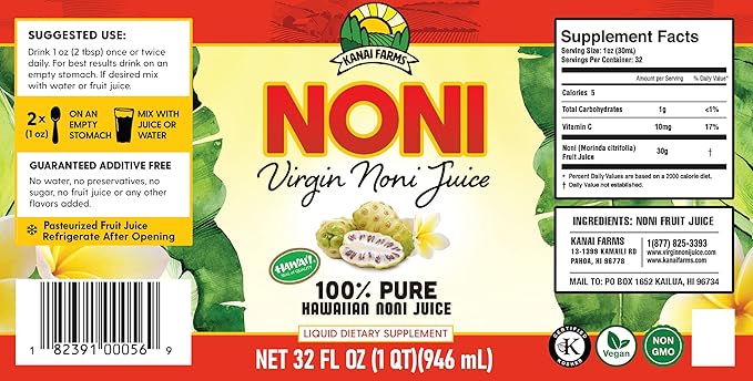 Virgin Noni Juice - 100% Pure Hawaiian Noni Juice - 2 Pack of 32oz Glass Bottles
