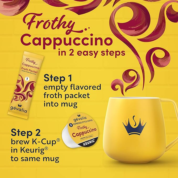 Gevalia Frothy 2-Step Cappuccino Espresso Kâ€ Cup® Coffee Pods &amp Froth Packets Kit (36 ct Pack 6 Boxes of 6 Pods with Packets)