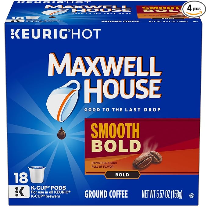 Maxwell House Smooth Bold Dark Roast K-Cup Coffee Pods (72 Pods 4 Packs of 18)