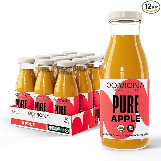 Pomona Organic Apple Juice (Pack of 12) Cold Pressed USDA Organic Juices Apples And Lemon Juice No Added Sugar Not From Concentrate Vegan Kosher Non GMO Pasteurized 8.4 Oz Glass Bottles