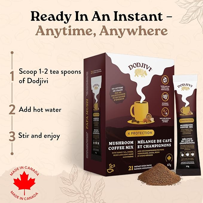 Dodjivi Organic Mushroom Coffee Instant Packets 100% Arabica Coffee Powder with Reishi mushroom Lion's mane ChagaTurkey Tail for Better Focus Immune Support Keto Friendly (30 Sticks Each 3.2gm)