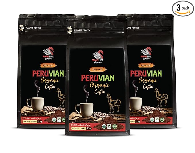 peruvian coffee ground - PERUVIAN GROUND ORGANIC COFFEE fair trade 100% arabica medium roast low acidity - coffee from peru 3 Bags (36 OZ)
