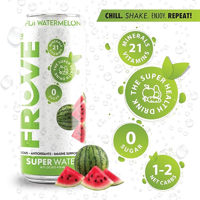FrUve Super Water | Fiji Watermelon Flavor | 12 16oz Cans | Healthy Drink | Zero Sugar | Low Calorie Drink | Powerful Antioxidants | Boosts Immune System | NON-GMO | The Super Health Drink