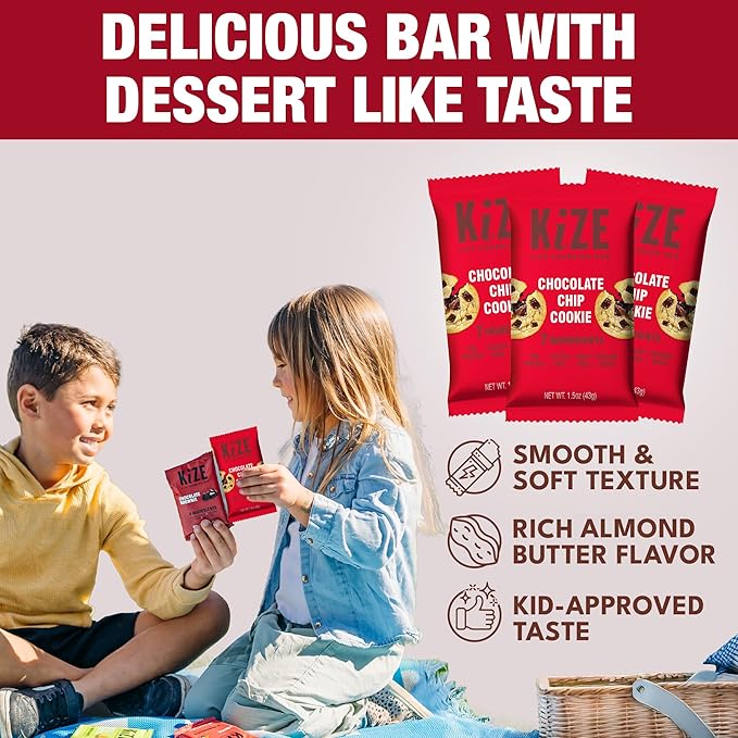 KiZE Energy Bars - Chocolate Chip Cookie - Almond Butter-Based Gluten Free Dairy Free NON-GMO - 10g High Protein Snacks High Protein Meal Replacement Energy Bars Clean and Simple Food (10 Count)