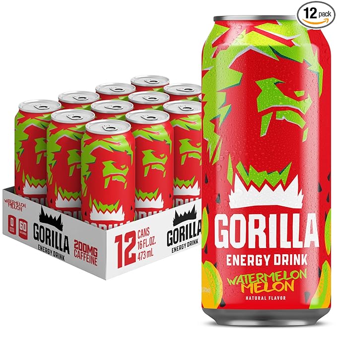 Gorilla Energy Drink Watermelon Melon 200mg Natural Caffeine Real Fruit Juice Squeezed &amp Concentrated L-Theanine Taurine Ginseng Acetyl L-Carnitine No Added Sugar and No Artificial Colors