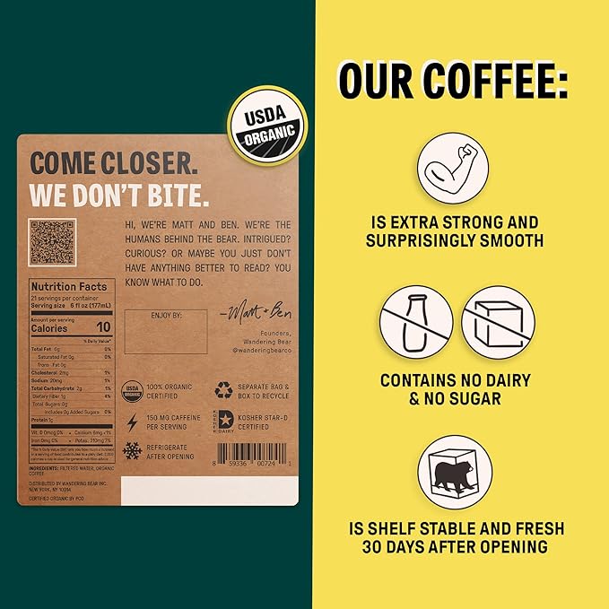 Wandering Bear Extra Strong Organic Cold Brew Coffee On Tap Straight Black 128 fl oz (1 gallon) - 2 Pack - Smooth Unsweetened Shelf-Stable and Ready to Drink &amp Vegan Cold Brew