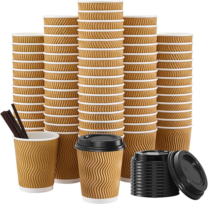SIUQ 90 Pack - 8 oz Disposable Coffee Cups with Lids and StrawsTo go Coffee CupsInsulated Corrugated Paper CupsKraft Ripple Wall Cups for Hot Beverage or Cold Drinks -Champagne