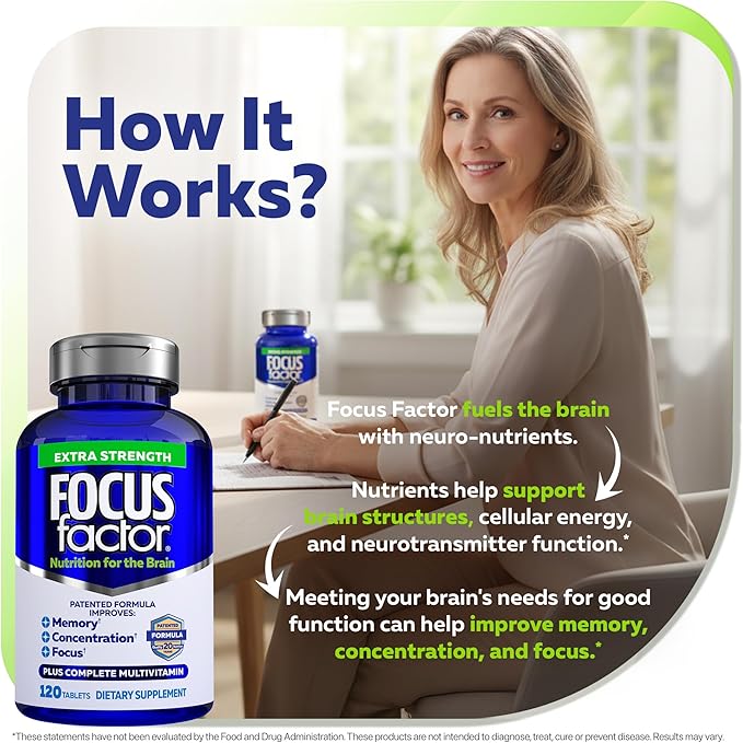 Focus Factor Adults Extra Strength 120 Count - Brain Supplement for Memory Concentration and Focus - Complete Multivitamin with DMAE Vitamin D DHA - Trusted Health Vitamins