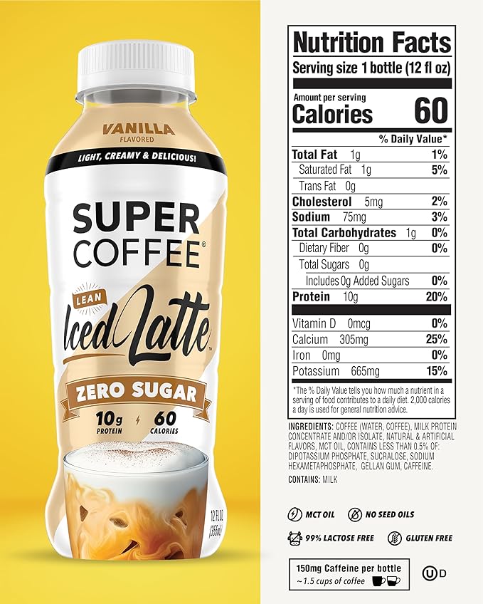Super Coffee Ready To Drink Iced Coffee Vanilla Latte (12 Ounce Bottles Pack of 12) - Low Net Carbs No Added Sugar Keto Friendly 10g of Protein Low Calorie Protein Coffee