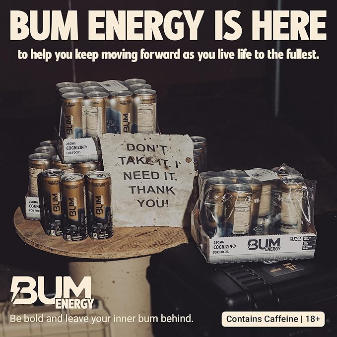 BUM Sugar-Free Energy Drink Strawberry Lemonade - Lightly Carbonated &amp No Artificial Colors Natural Caffeine &amp Citicoline for Energy Focus Brain Boost &amp Workout Sports Beverage - 12 oz