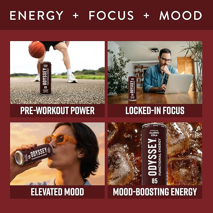 Odyssey Functional Energy Drink for Focus Cognition &amp Mood Support 12 Pack - Adaptogenic Drink with 85mg Green Tea Caffeine Lion’s Mane Cordyceps L-Theanine &amp Ginseng Sparkling Cola