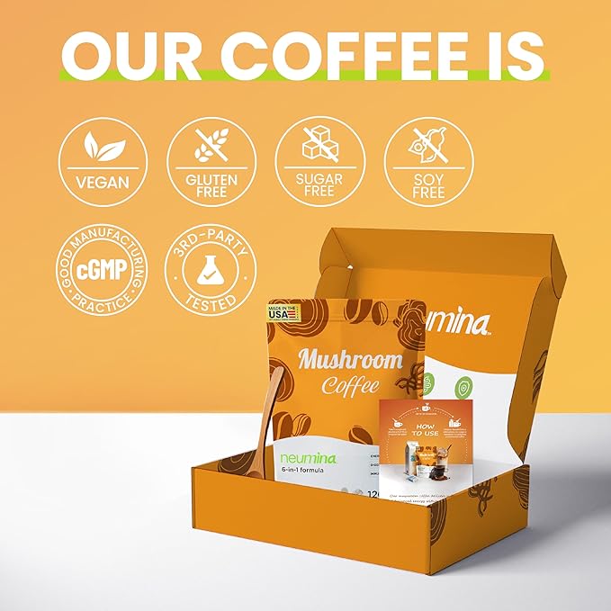 Neumina 6-in-1 Mushroom Coffee Energy Coffee with 6 Adaptogenic Mushrooms (Cordyceps Lion's Mane Reishi Chaga Shiitake Turkey Tail) 30 Servings 1200mg Mushrooms