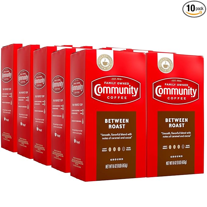 Community Coffee Between Roast Premium Ground Coffee Vacuum Packed- 16 Ounce Bags (Pack of 10)