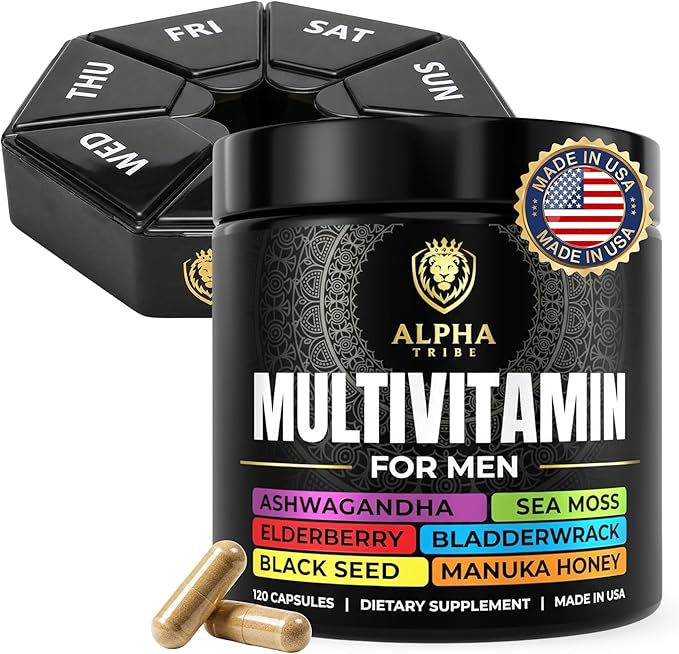 Alpha Tribe Multivitamin for Men &amp Organizer w/Seamoss Black Seed Oil Ashwagandha Burdock Root Turmeric Bladderwrack Vitamin C Elderberry Manuka | Daily Men's Vitamins &amp Minerals Supplemen