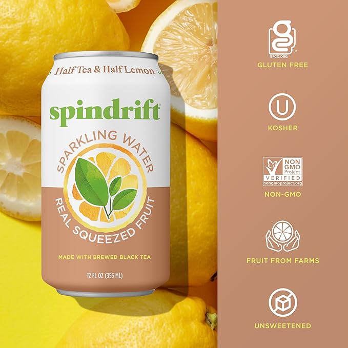 Spindrift Sparkling Water Half Tea &amp Half Lemon Flavored Made with Real Squeezed Fruit 12 Fl Oz Cans Pack of 24 (Only 5 Calories per Can)