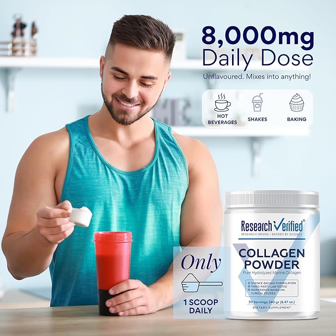 Research Verified® Collagen Powder - Hydrolyzed Marine Collagen Peptides - Unflavored - Skin Hydration and Elasticity Muscle Recovery Non GMO - 30 Scoops Per Container - 6 Month Supply