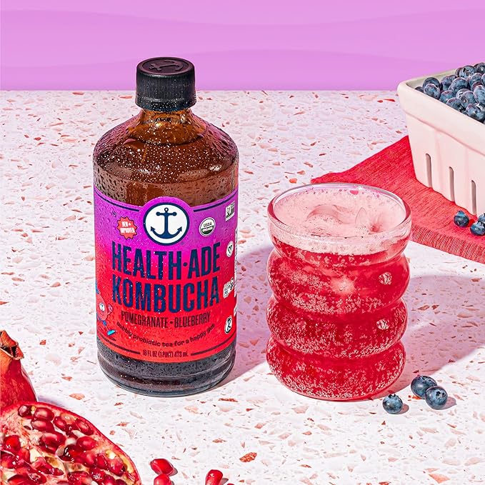 Health-Ade Kombucha Tea Organic Drink Fermented Tea with Living Probiotics Detoxifying Acids Supports Gut Health Non-GMO Vegan Gluten Free 12 Pack (16 Fl Oz Bottles) Pomegranate Blueberry