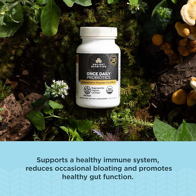 Ancient Nutrition Regenerative Organic Certified Probiotics Daily Probiotics Once Daily Healthy Digestion and Immune System Function Support 25 Billion CFUs* Per Serving 30 Count