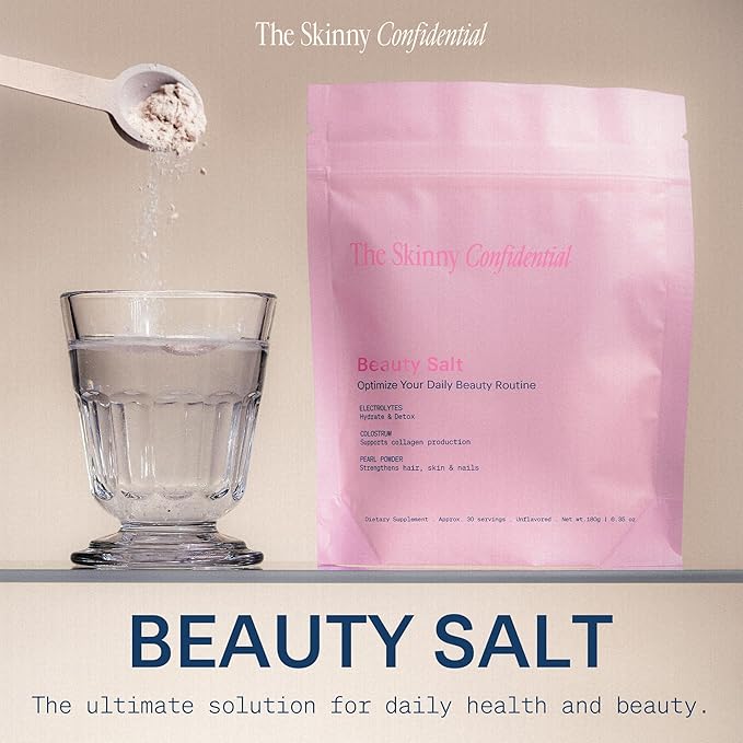 The Skinny Confidential Beauty Salt Hydration Powder with Grass-Fed Colostrum Electrolytes &amp Pearl Powder to Support Immunity &amp Digestive Health - Supports Glowing Hydrated Skin &amp Radiant