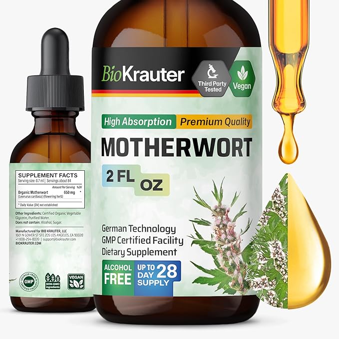 BIO KRAUTER® Perimenopause &amp Menopause Supplements for Women* - Vegan Motherwort Tincture 2 Fl.Oz 28-Day Supply for Natural Calm &amp Women's Wellness - Alcohol &amp Sugar Free - 650 mg per Serv