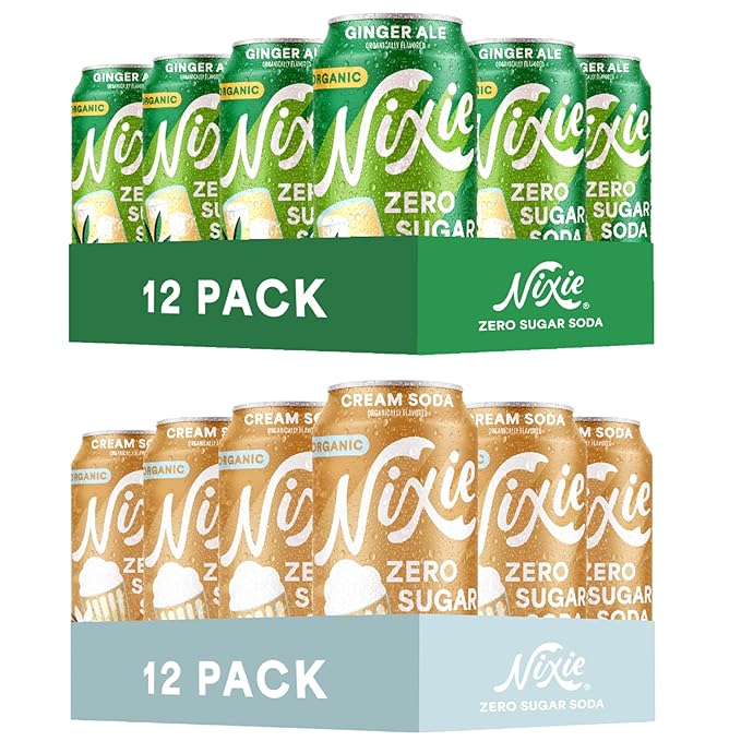 Nixie Organic Zero Sugar Soda Ginger Ale &amp Cream Soda 0 Sugar 0 Calories Healthy Soda Pop Non-GMO 12oz Cans (24 Pack)