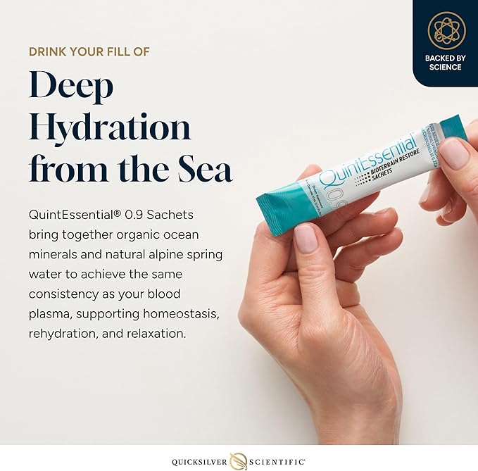 Quicksilver Scientific Quintessential 0.9 Sachets - Isotonic Solution with Sea Water Minerals + Alpine Spring - Liquid Hydration Electrolyte + Multi Minerals Supplement (30 Count)