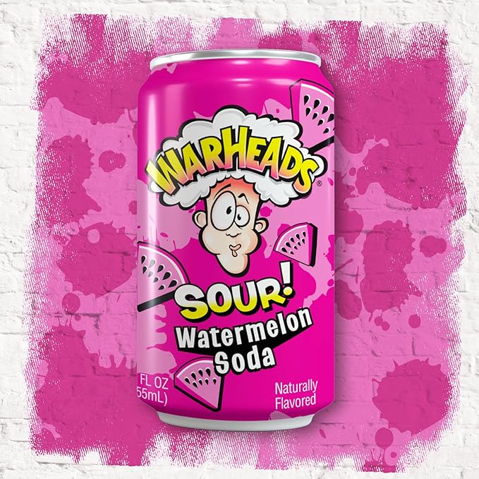 Sour Fruity Soda with Classic Warheads Flavors – Perfectly Balanced Sweet and Sour Soda - Warheads Candy Throwback Treat Soda Cocktail Mixer Pack of 12 12oz Cans (Watermelon)