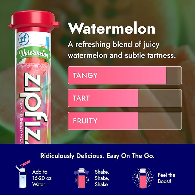 Zipfizz Daily Energy Drink Powder Watermelon 20 Pack | 3-in-1 Sustained Energy Rapid Hydration and Essential Vitamins | Sugar-Free | Electrolyte Powder | Contains Vitamin B-12 &amp Antioxidants