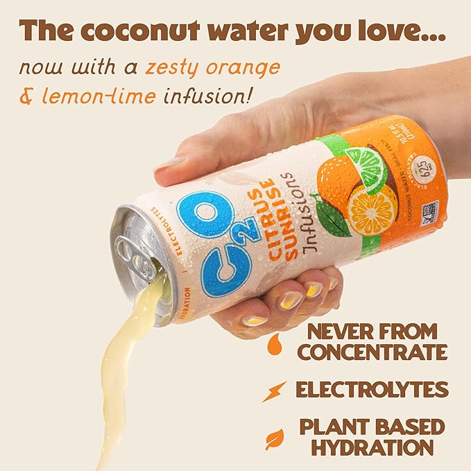 C2O - Coconut Water Infusions - Citrus Sunrise (12 Pack) - 700mg of Electrolytes - Made with Fresh Coconut Water + Real Fruit Juice - Plant Based Natural Hydration Non GMO - 12 Slim Cans 10.5 fl oz