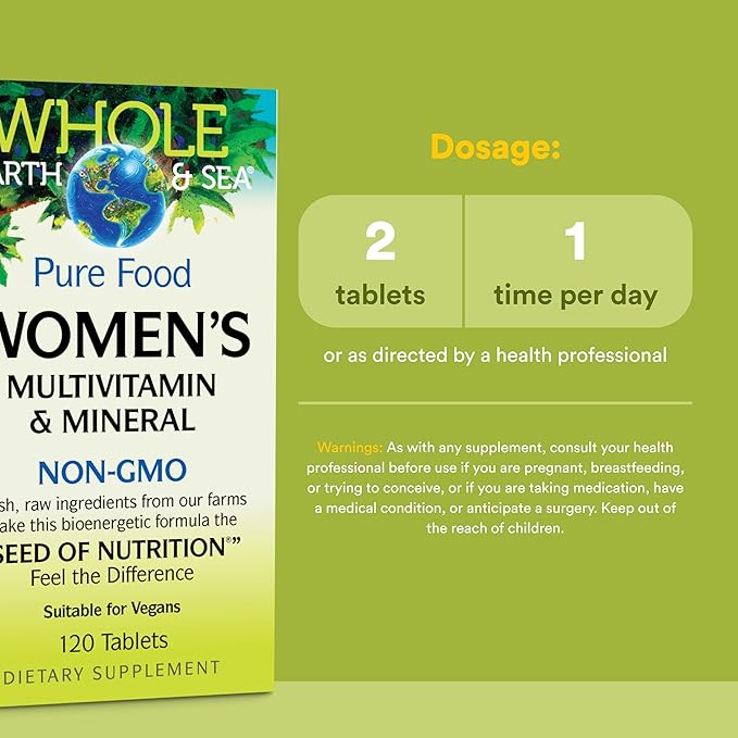Natural Factors Whole Earth &amp Sea Women's Multivitamin &amp Mineral - Daily Whole Food Supplement with Iron Vitamin C &amp More - Vegan Non-GMO &amp Gluten-Free - 120 Tablets (60 Servings)