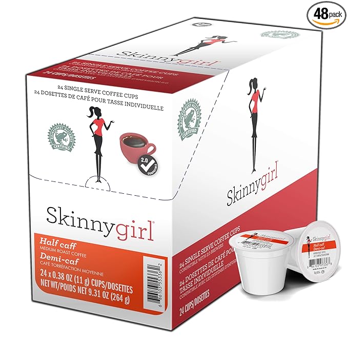 Skinnygirl Half Caff Coffee Pods Reduced Caffeine Medium Roast Coffee in Single Serve Pods for Keurig K Cups Brewers 24 Count Per Box 2 Boxes