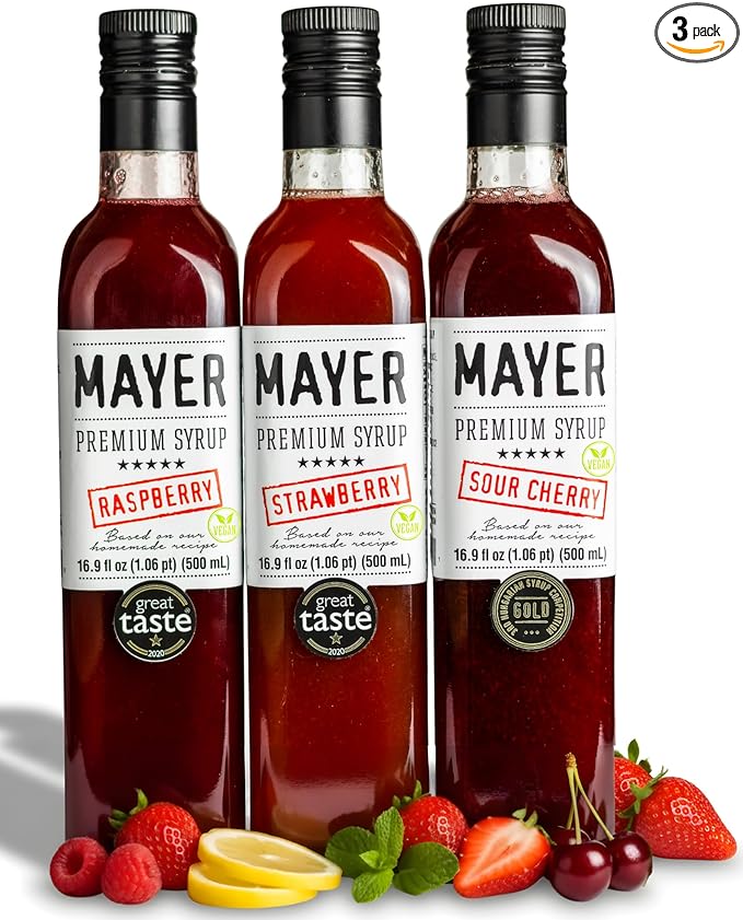 Mayer Strawberry Raspberry Sour Cherry Syrups – Award-Winning Crafted with 100% Real Fruits and 3 Natural Ingredients Vegan Gluten Free Dairy Free Versatile for Beverages &amp Desserts – No Ar