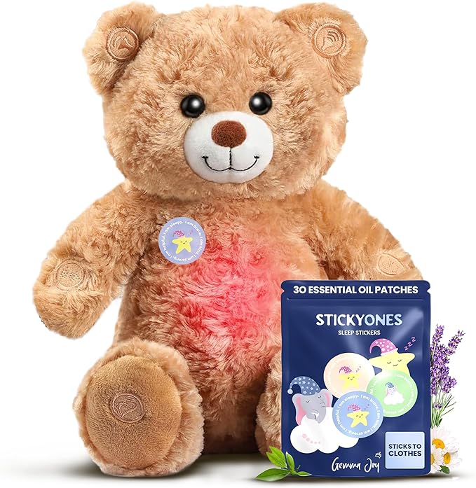 Gemma Joy Bedtime Baby Soothers &amp StickyOnes Sleep Patches - Cry Activated Heartbeat Bear Plush Toy Stuffed Animal with Calming Light &amp All-Natural No Melatonin Bedtime Patches for Kids and