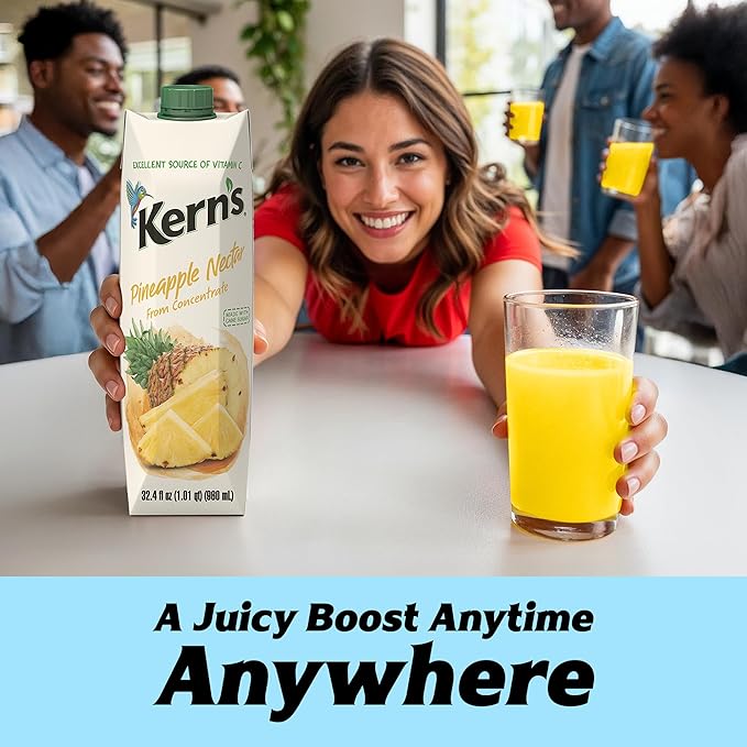 Kern’s Pineapple Juice Nectar - Made with Fresh Pineapple Fruit Puree - Tropical Fruit Juice Concentrate for Smoothie Mix Cocktail Mixers &amp Kids Drinks &amp Mexican Beverages - 32.4oz 12 Pack C