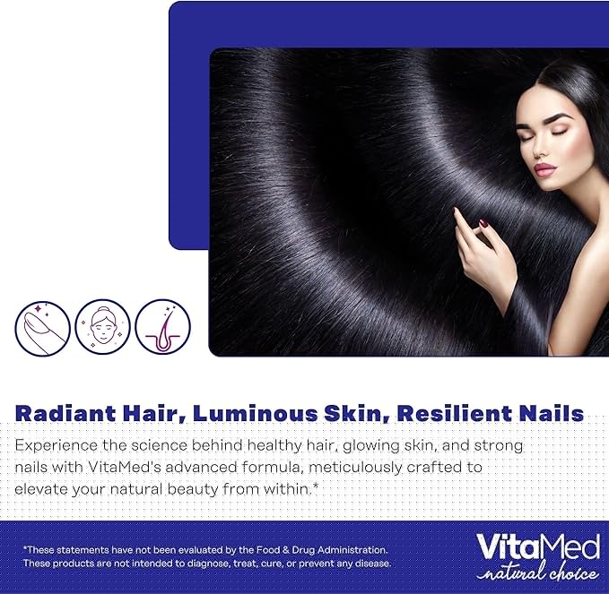 VitaMed Hair Skin &amp Nails – Biotin 5000 mcg Collagen OptiMSM Keratin Hyaluronic Acid &amp Silica | Supports Hair Growth Radiant Skin Strong Nails | Halal Non-GMO Gluten-Free – 180 Beauty