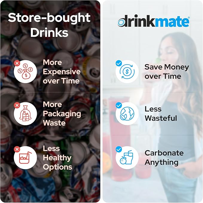 Drinkmate OmniFizz Sparkling Water and Soda Maker Carbonates Any Drink ULTIMATE BUNDLE - Includes three 60L CO2 Cylinders Two Carbonation Bottles and Fizz Infuser (Royal Red)