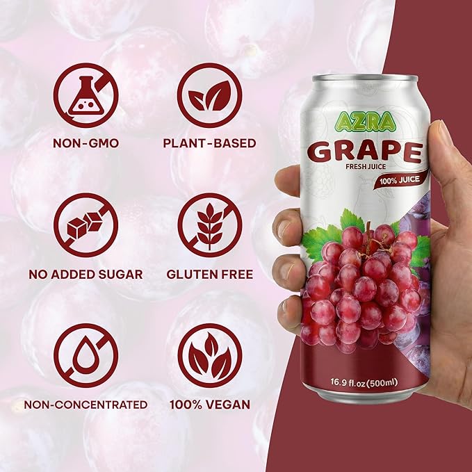 AZRA 100% Grape Juice – Fresh Red Grape Juice in 500ml Cans – Zero Sugar Juice Fruit Juice Variety Pack for Kids and Adults – Healthy Drinks Bulk 100% Juice 12 Pack