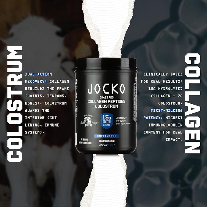 Jocko Fuel Collagen Powder with Colostrum – 15g Hydrolyzed Collagen + 2g First-Milking Colostrum – Dual Action for Gut Health Joint Support and Immune Defense – Recovery Supplement (30 Servings)