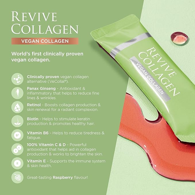 Revive Collagen 2500mg Plant Based Vegan Collagen with Added Vitamin B C D &amp E - Raspberry Flavor (14 Days)