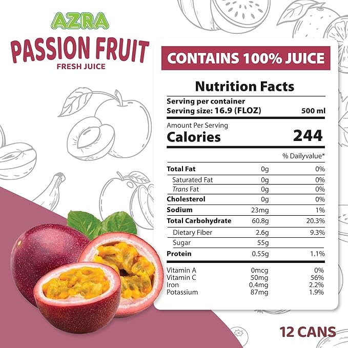 AZRA 100% Passion Fruit Juice 500 ml Can (Pack of 12) – Real Fruit Beverages with No Added Sugar – Healthy Drinks and Fresh Juice – Natural Passion Healthy Drink – 16.9 fl oz Cans