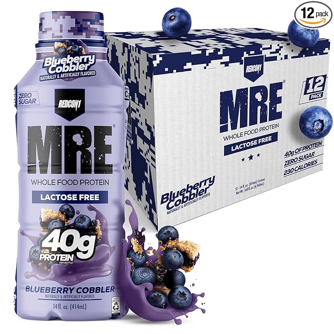 REDCON1 MRE Ready to Drink Protein Shake Blueberry Cobbler - Lactose Free RTD 40gr Protein Made with Real Whole Food Protein Blends - Easy to Digest Nutritional Shake (12 Pack)