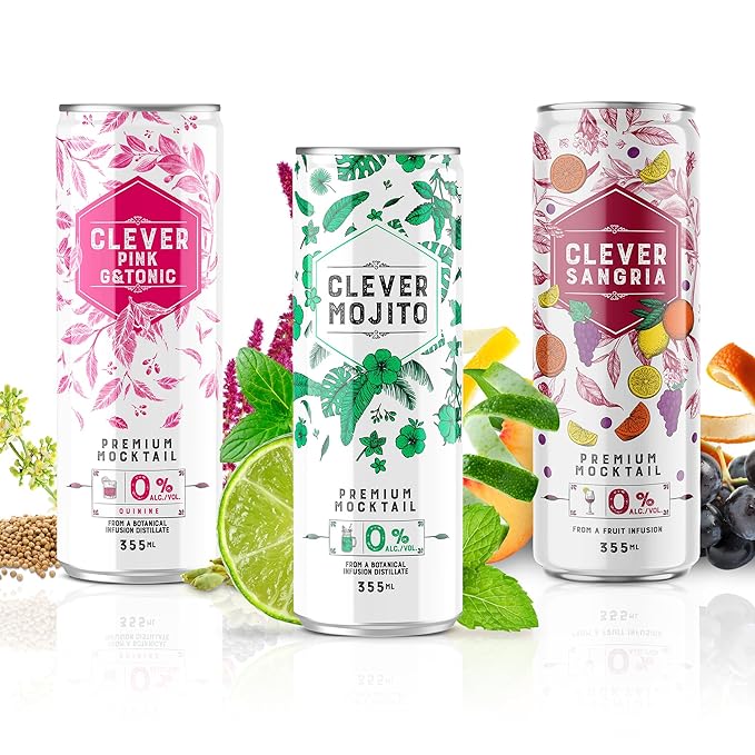 CLEVER - Nonalcoholic Mocktails Mix Pack 3 Mocktails Non-alcoholic Drinks: Mojito Sangria &amp Pink G &amp Tonic Low-Calorie All-Occasion Refreshing Beverages Pack of 12 (4 Cans per Variant 12